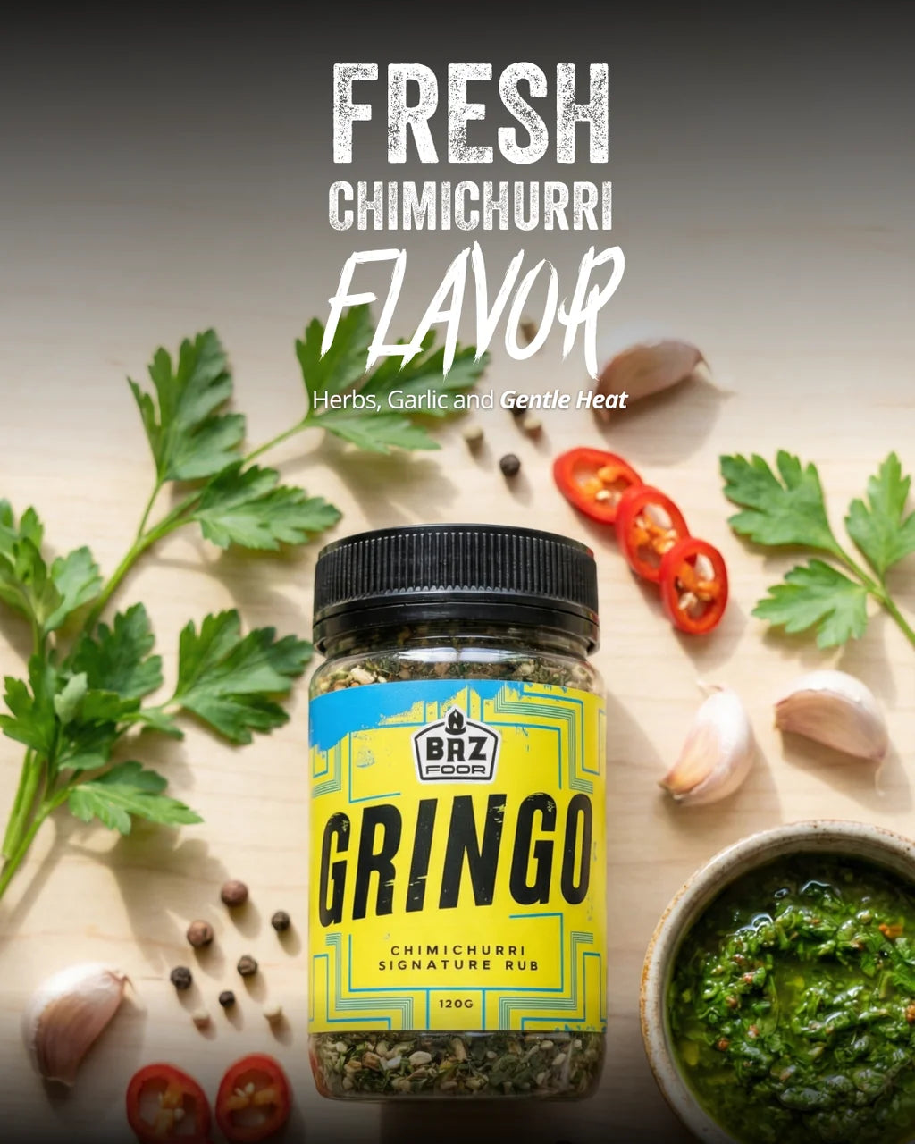 BRZ Food Gringo Chimichurri Signature Rub displayed with fresh parsley, garlic, chilli and traditional chimichurri ingredients.