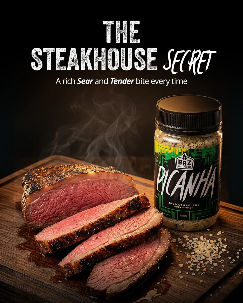 BRZ Food Picanha Seasoning surrounded by a burst of rock salt and spices highlighting its bold Brazilian inspired flavour.