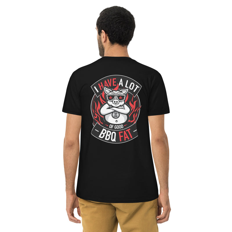 Man wearing the tee seen from behind, the flaming pig print across his back