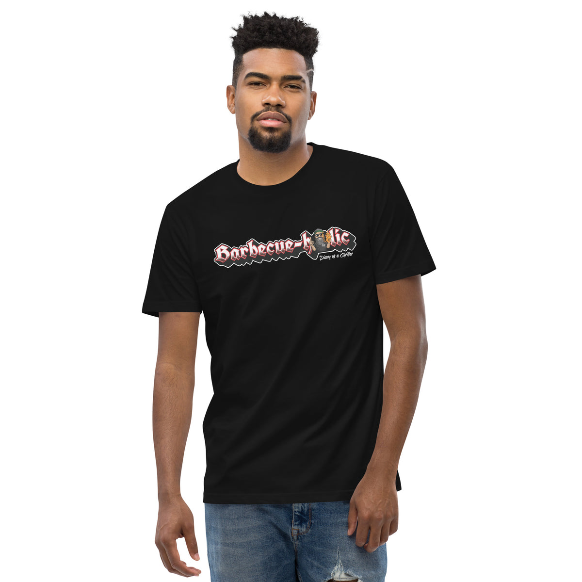 Man wearing the tee, the banner print running the width of his chest